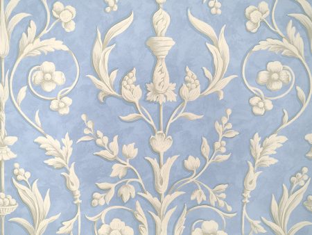 Scalamandre Wallpaper WP81644-004 Arabesque Plaster White On Nordic Blue Fresco For Cheap